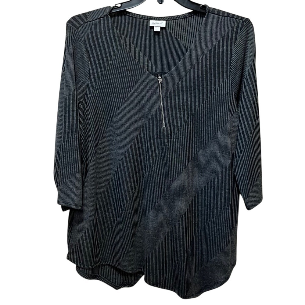 Avenue Womens 14/16 Grey Striped Ribbed Quarter Zip 3/4 Sleeve Sharkbite Tunic